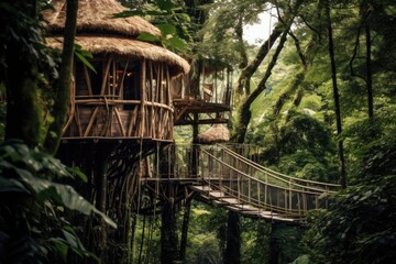 suspended treehouse in a dense forest