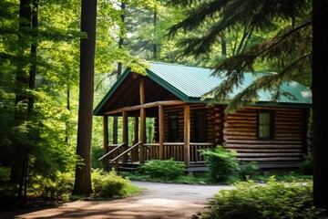 Fototapeta na wymiar classic woodsy log cabin among towering trees