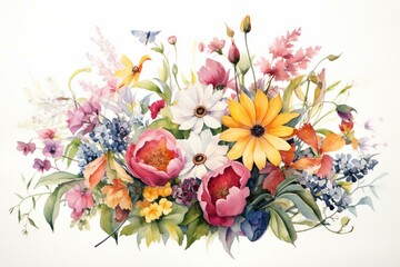 Colorful watercolor floral arrangement with a variety of flowers and lush foliage, all set against a white background. Generative AI