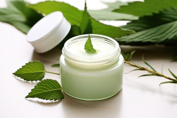 herbal anti-acne cream jar with leaf decorations