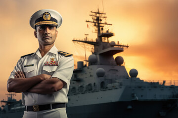 Young indian confident ship captain standing in uniform