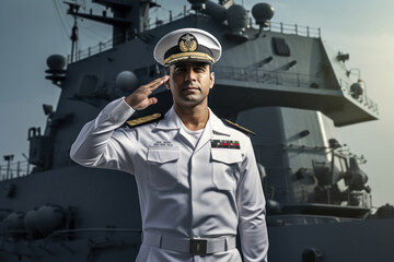 Young indian confident ship captain standing in uniform, saluting - obrazy, fototapety, plakaty