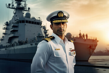 Young indian confident ship captain standing in uniform - obrazy, fototapety, plakaty