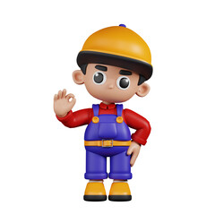 3d Character Mechanic Giving Ok Sign Pose. 3d render isolated on transparent backdrop.