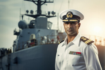 Young indian confident ship captain standing in uniform - obrazy, fototapety, plakaty