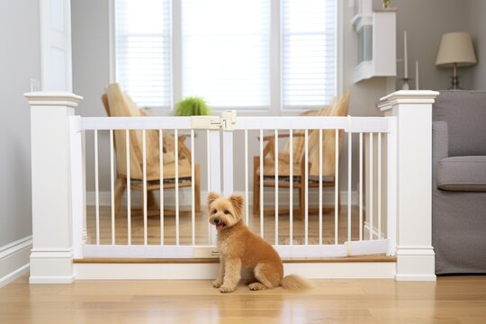 a picture of a pet safety baby gate installed at the top of a staircase
