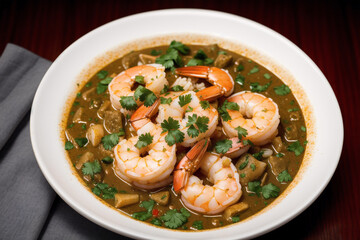 Curry with chicken and vegetables in a bowl on a wooden table. Gumbo. Vegetable soup. Seafood soup Generative AI