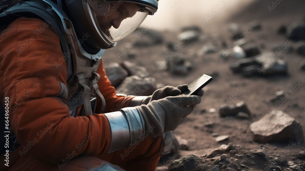 Canvas Prints an astronaut on an alien planet holds a mobile phone in his hands