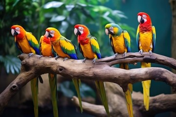 colorful parrots perched on a jungle tree branch