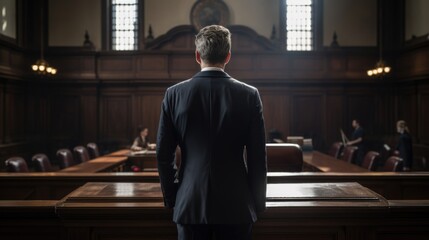 Une avocate vue de dos entre dans un tribunal - obrazy, fototapety, plakaty