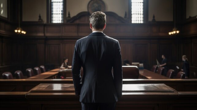 Une avocate vue de dos entre dans un tribunal