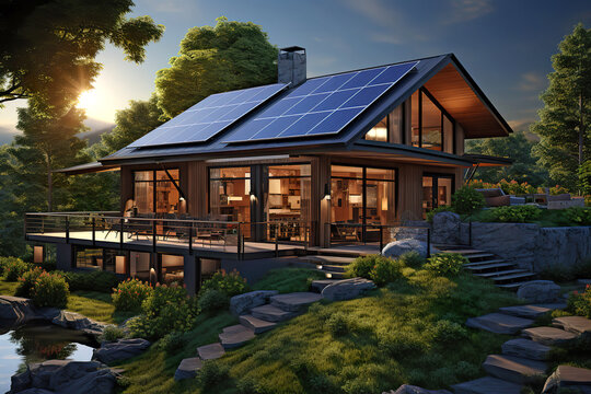 House with solar panels on the roof in a chalet style, against a backdrop of nature