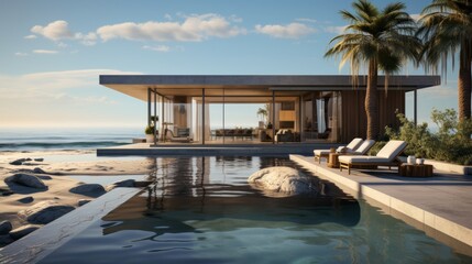 Obraz premium Escape to paradise with a serene outdoor oasis, where palm trees sway in the tropical breeze, casting shade over a sparkling pool surrounded by a luxurious house and sun loungers