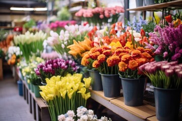arrangement of colorful flowers in a florist shop - obrazy, fototapety, plakaty