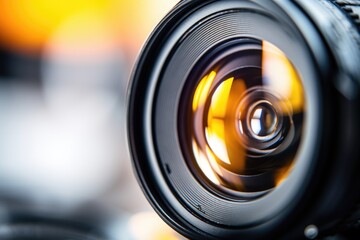 close-up of a camera lens with a blurred backdrop