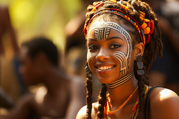 Young tribal African woman with ritual face paint - obrazy, fototapety, plakaty