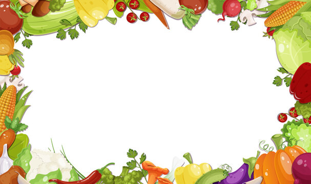 Various fresh vegetables picture frame. Healthy vegetarian food. Collection of pepper, pumpkin, carrot, tomato, potato, corn, plant. Vitamin diet, autumn harvest. White background. Vector illustration