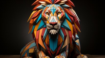 Vibrant masterpiece roars with fierce passion, blending hues of strength and beauty in a majestic lion sculpture