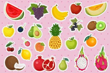 Stickers of various fresh fruits with outlines. Healthy vegetarian food. Collection of melon, banana, watermelon, pineapple, orange, apple, avocado. Vitamin diet, summer harvest. Vector illustration