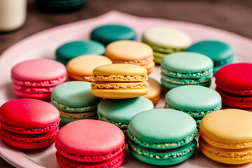 Fototapeta na wymiar Colorful macaroons on a plate. Sweet cookies. Generative AI