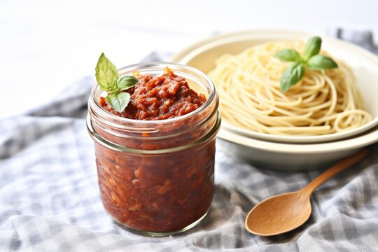 a bowl of spaghetti next to a jar of homemade tomato sauce