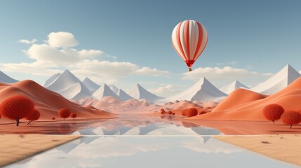 Drifting effortlessly above a serene lake, a vibrant hot air balloon floats amidst the vast desert sky, its aerostat silhouette blending with the billowing clouds as the breathtaking landscape - obrazy, fototapety, plakaty