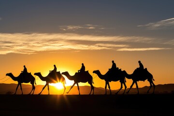 a silhouette of a camel caravan in the setting sun