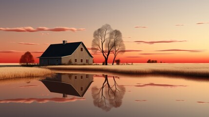 A quaint house stands tall against a wintry sky, its reflection shimmering in the calm lake below, as the sun sets behind a cloud-dotted horizon