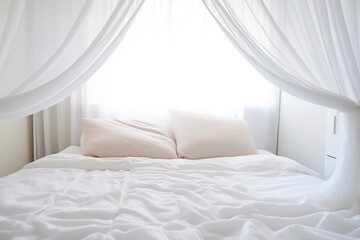 a neatly made bed with white linens and open curtains