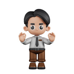 3d Character Businessman Giving Ok Hand Gesture Pose. 3d render isolated on transparent backdrop.