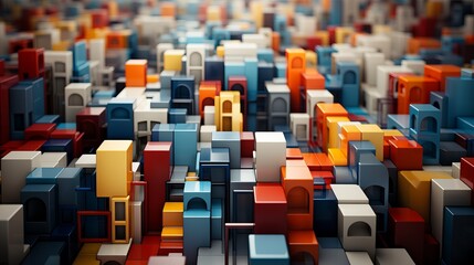 Vibrant lego structures create a whimsical cityscape bursting with playful colors and imaginative possibilities - obrazy, fototapety, plakaty