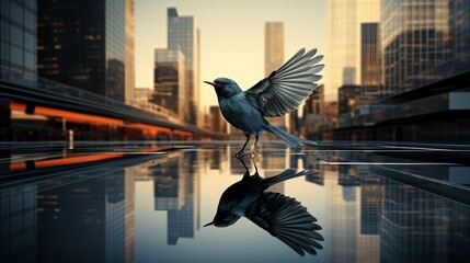 A majestic bird takes flight from a shimmering reflective surface, overlooking the bustling cityscape and its towering buildings, as the peaceful waters below mirror the urban chaos above - Powered by Adobe