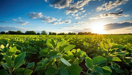 Green shoots of cultivated plants in a large field. The blue sky and the rays of the sun. Generated by AI.