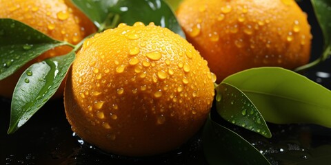 Fresh Oranges with Water Droplets Isolated on a Black Background