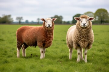 Obraz premium two different breeds of sheep grazing peacefully in the same field