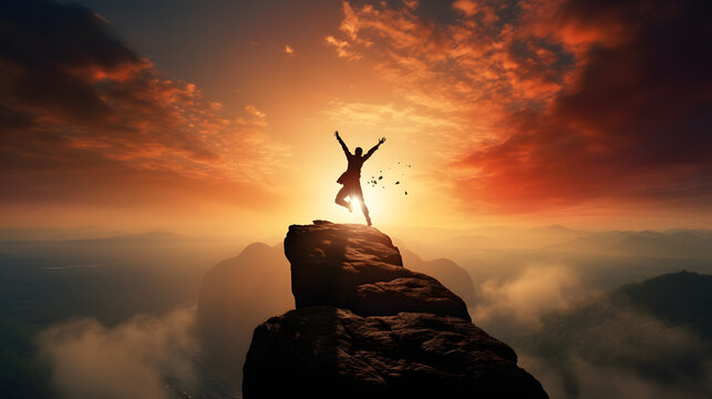 Welcome merry Christmas and happy new year in 2024,Silhouette Man jumping from 2023cliff to 2024 cliff with cloud sky and sunlight