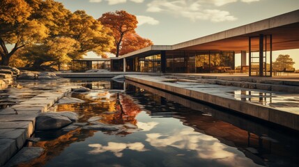 In the midst of a serene autumn landscape, a glass-walled building stands tall beside a tranquil body of water, its reflection mirroring the vibrant sky above - Powered by Adobe