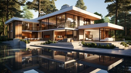 Fototapeta premium Nestled among lush trees and sprawling plants, a magnificent house with a pool at its heart exudes a sense of tranquil luxury, inviting guests to relax and escape the chaos of the outside world