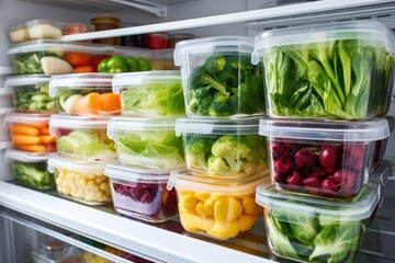 vegetables separated in clear plastic containers in a fridge - obrazy, fototapety, plakaty
