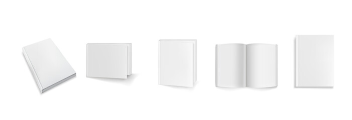 Set of realistic, white empty open and closed books, mockup template for design.
