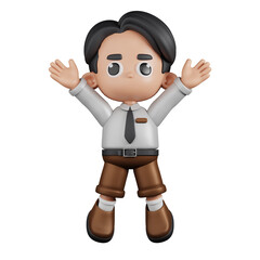 3d Character Businessman Jumping Celebration Pose. 3d render isolated on transparent backdrop.