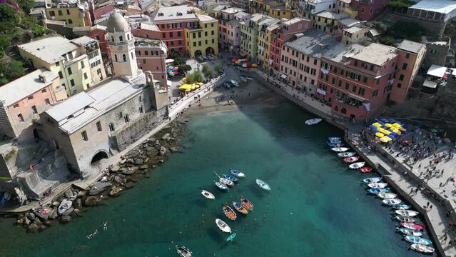 Europe, Italy, Liguria, Cinque Terre 10-20-23  Drone aerial view of Riomaggiore - The Cinque Terre are an increasingly popular tourist attraction for tourists from all over the world Unesco Heritage 