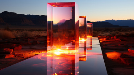 As the sun rose over the mountain, the rectangular objects with lights on them created a mesmerizing reflection in the sky, casting a warm and ethereal glow over the outdoor landscape