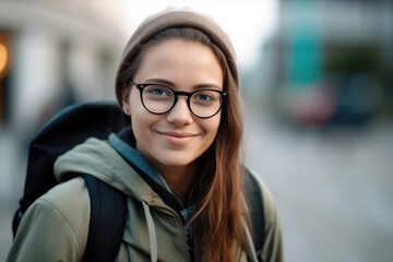 Porträt einer jungen Studentin mit Brille auf dem Campus - obrazy, fototapety, plakaty