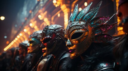A mysterious group adorned in vibrant masquerade masks, reveling in the chaos and magic of a festival unlike any other