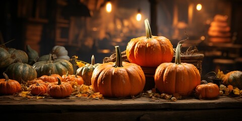 Fresh Pumpkins with Blurry Lights Background