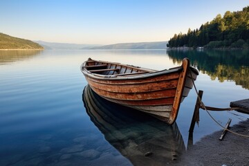 Naklejka na ściany i meble a wooden boat docked on a calm shore