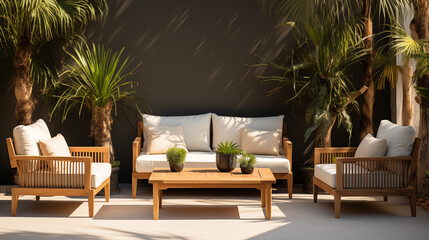 an outdoor living room set of two chairs, two couches, and a small planter with a tropical looking wall - obrazy, fototapety, plakaty