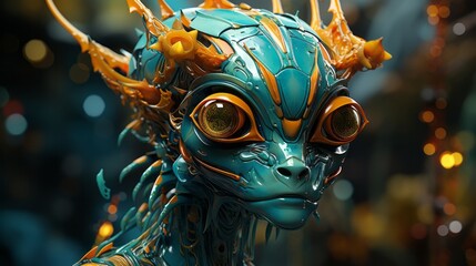 A mysterious blue and orange alien creature wearing a masque, beckoning with a wild and fluid dance that evokes a sense of otherworldly wonder and hidden secrets - obrazy, fototapety, plakaty