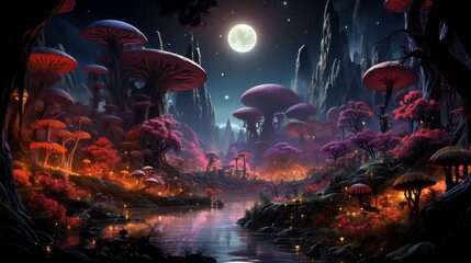 A mystical moonlit river flows through a lush landscape of vibrant mushrooms, creating a mesmerizing reef of water and magic